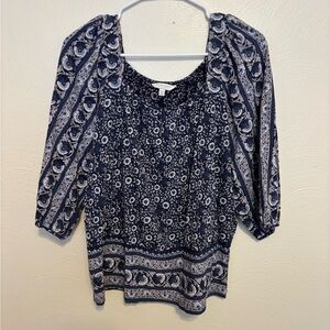 Lucky Brand Navy Blue Boho Peasant Top Floral Border Print Medium